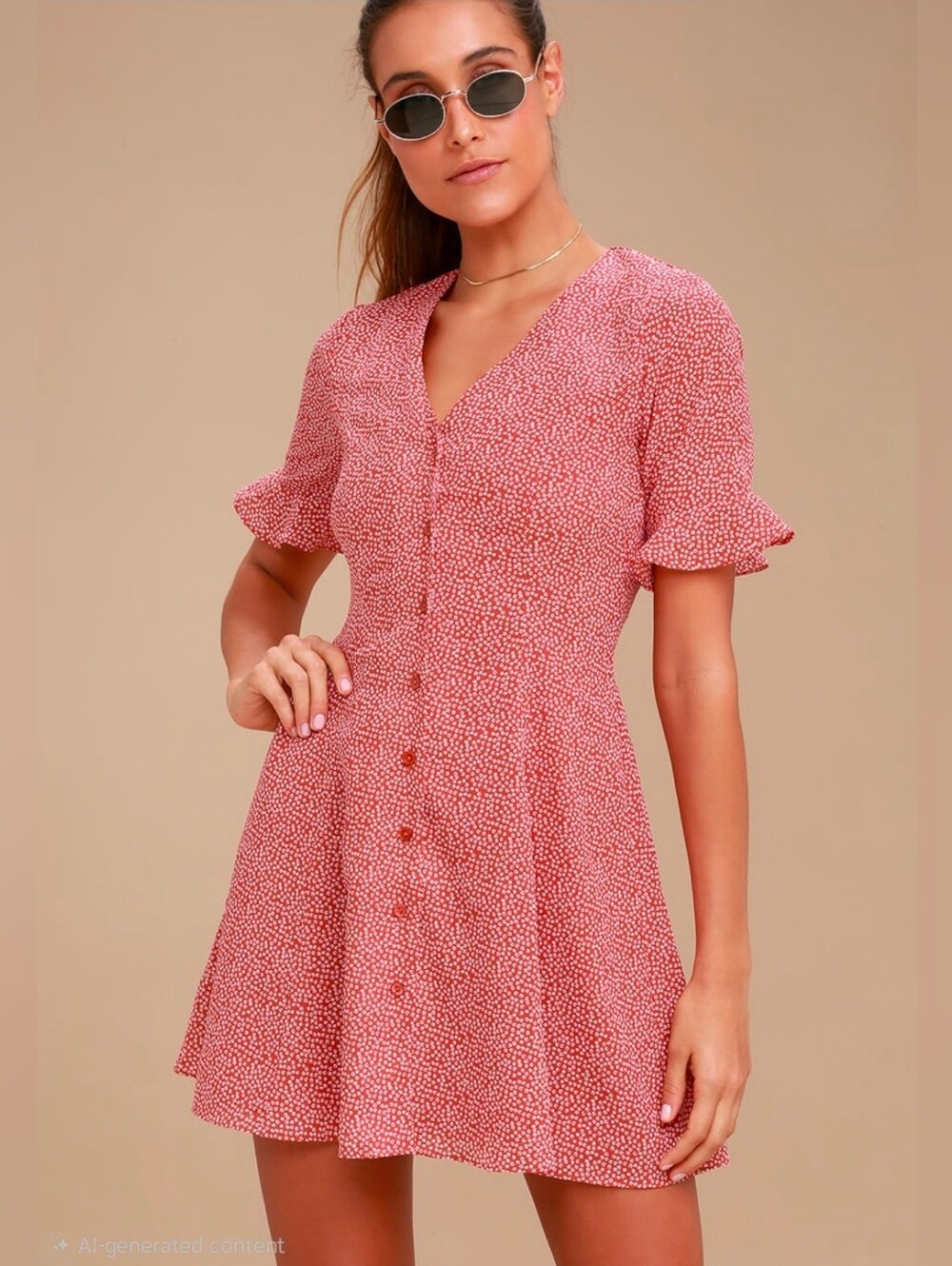 Lulu's Castana Rust Red Print Button-Up Dress Short Sleeve Lined Size M